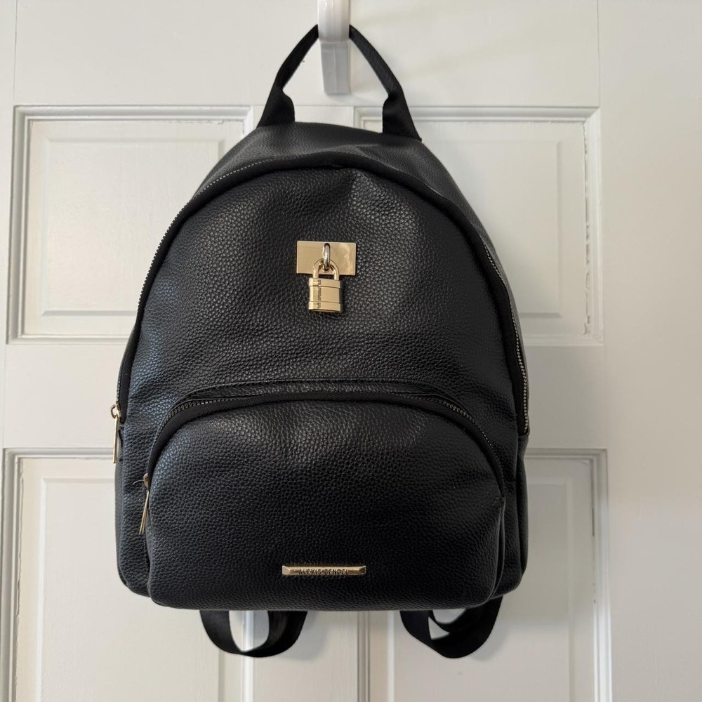 Alexis Bendel Black Vegan Leather Backpack Gold Hardware Lock Detail